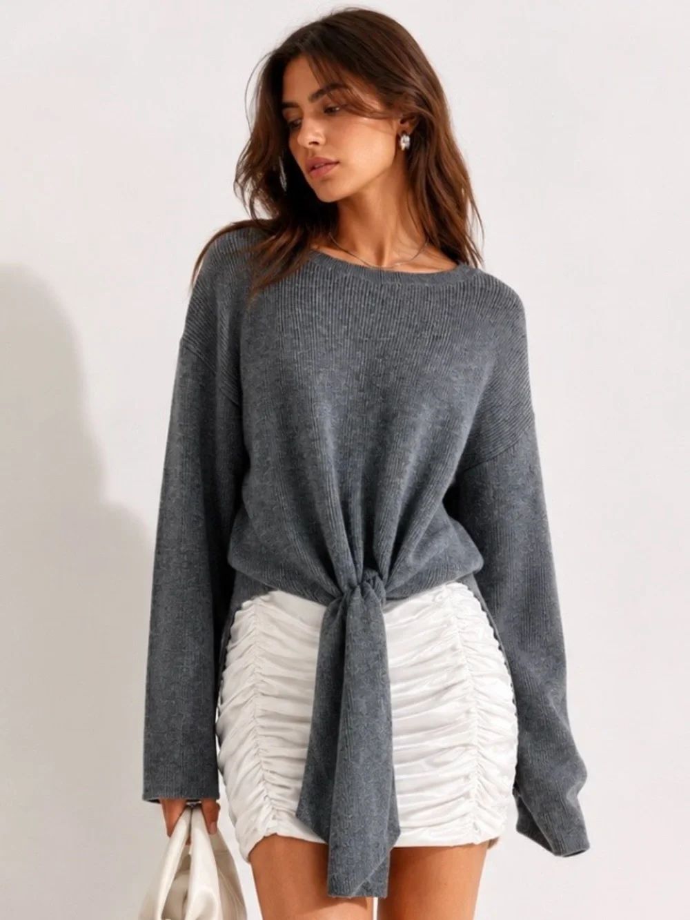 MERINO WOOL Blend Gray Tie-Front Knit Sweater Size Medium